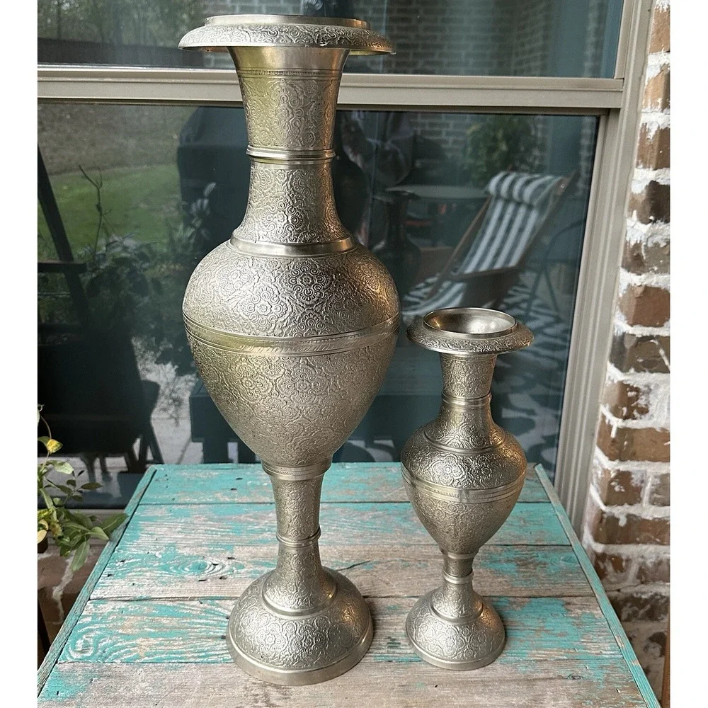 VTG Ornate Vases India Persian Middle‎ East Nickel Brass 14-24 Inch Two Item Set